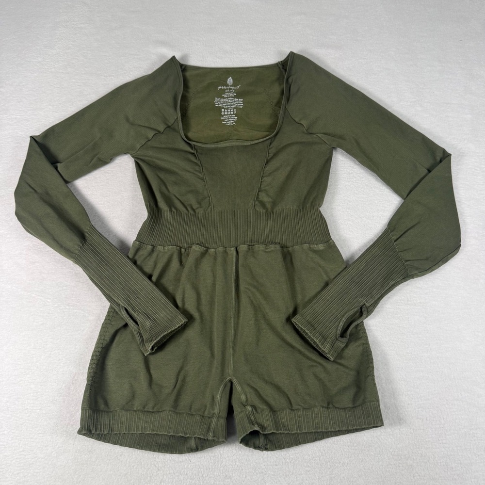 Free People Movement Good Karma Romper Womens M/L Green Nylon Spandex Open Back